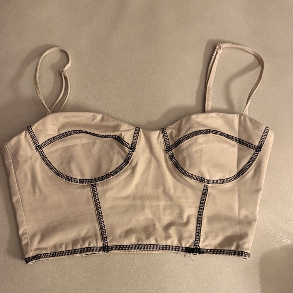 Beige Bustier Crop Top with Black Contrast Stitching